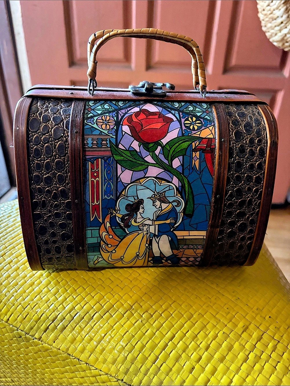 Stained Glass Wooden Handle Bag in Brown & Blue.